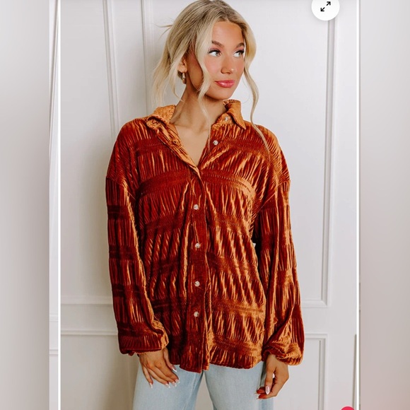 Pink Lily Wrinkle Effect Tiered Copper Rust Button Down Velvet Top XL NWOT - Picture 1 of 10